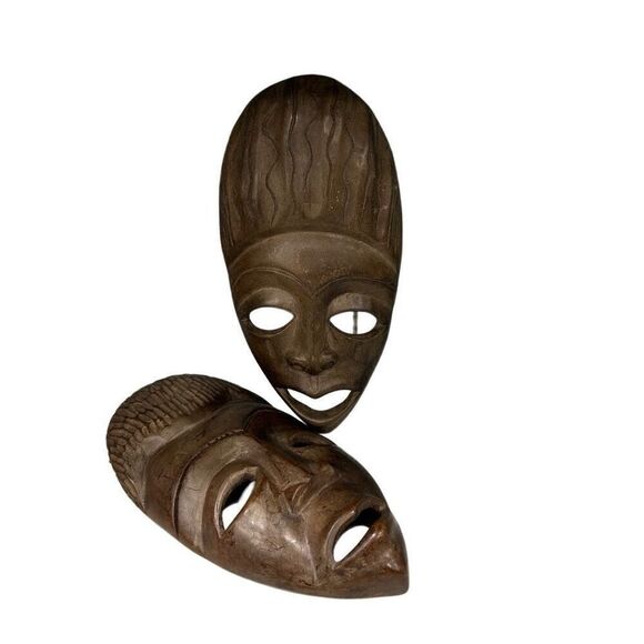 Vtg Handcarved African Man & Woman Wooden Mask Decorative Art 6\